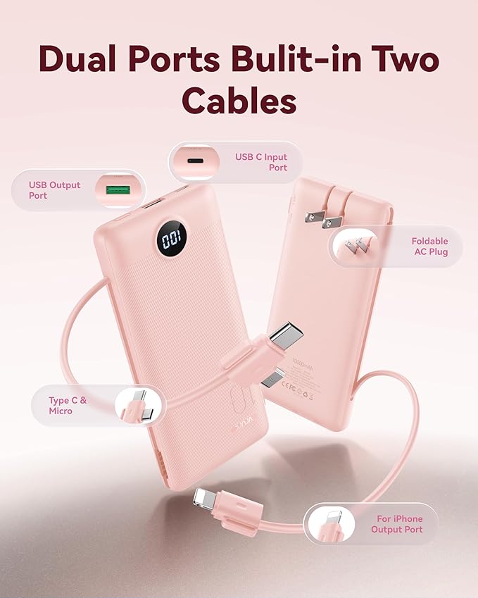 VRURC Portable Charger Power Bank - 10000mAh Fast Charging 22.5W PD 20W Portable Charger with Built in Cables, Portable Charger with Cords External Charger Travel Accessories-Pink