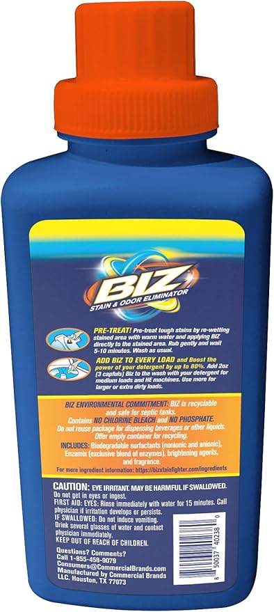 Biz Liquid Laundry Detergent, Stain & Odor Eliminator, Travel & Convenience Size, 8oz bottle