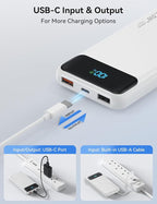 Portable Charger, 10000mAh 22.5W Fast Charging Power Bank with 4 Built-in Cables, Travel Essentials Battery Pack with LED Display, 6 Outputs Charging Bank Compatible with iPhone, iPad, Samsung White