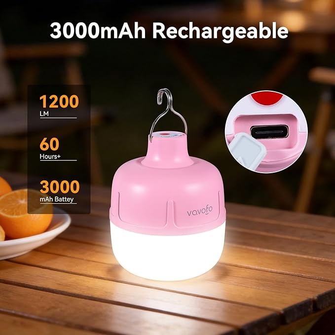 VAVOFO 20W LED Camping Lantern Rechargeable, 1200LM Camping Light, 3000mAh Portable Tent Light , IP65 Waterproof Flashlight Lanterns for Emergencies ,Power Outages,Hiking (Pink)