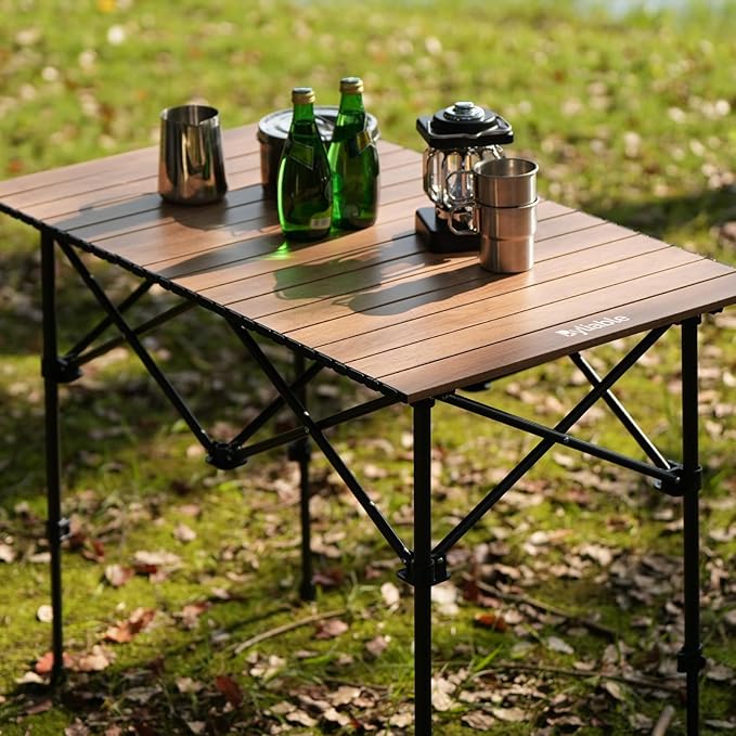 Byliable Camping Table Folding Portable Camp Aluminum Fold Up Lightweight Roll Up Table Adjustable Height with Carry Bag Indoor Outdoor for Camping, Picnic, Backyard, BBQ, Patio, Wood Grain