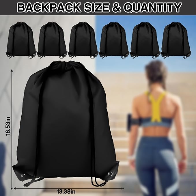 COIDEA 6Pcs Drawstring Backpacks, Medium, Black, Sports, Gym, Travel, Swimming, Beach