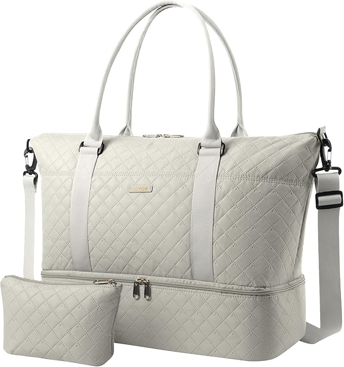 HOTOR Travel Duffel Bag - Weekender Bags for Women, Gym Tote Bags with Shoe Compartment, Carry On Overnight Bag with Toiletry Bag for Travel Essentials and Travel Accessories, Beige, 13.4"×17.3"×7.9"