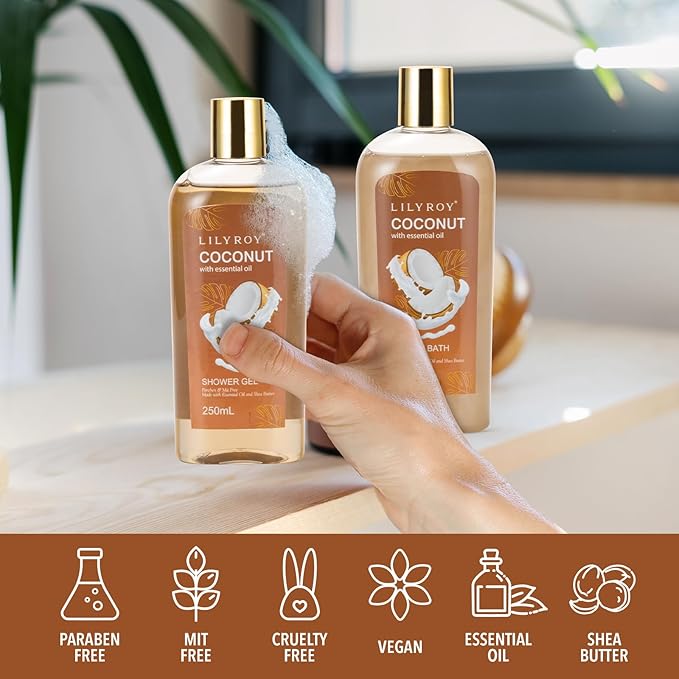Mother's Day Gift Basket for Women, Gifts for Women - 7Pcs Coconut Bath and Body Spa Gift Basket for Women & Men Self Care Spa Kit | Valentines Day, Fathers Day, Birthday, Christmas Gifts for Her Him