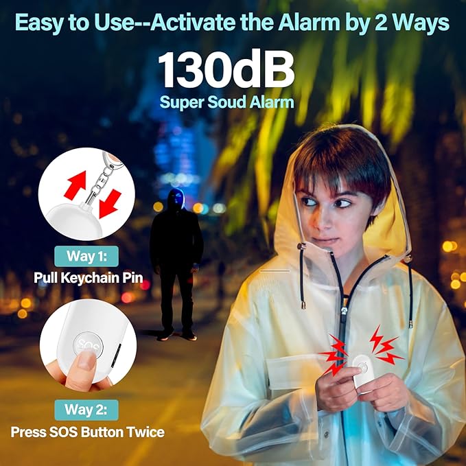 Hion Personal Safety Alarm for Women, 2 Pack Rechargeable 130dB Self Defense Alarm Keychain with LED Flashlight, Emergency Safe Sound Security for Children Elderly College Girls, Black+White