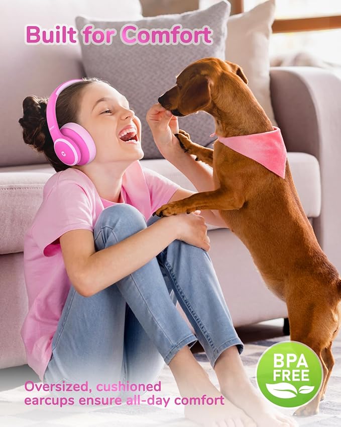 iClever BTH26 Active Noise Cancelling Headphones for Kids, 60H Play Time, Safe Volume 80dBA, Type C Fast Charging, Bluetooth5.4, Kids Bluetooth Headphones with Mic AUX Cord for iPad Airplane, Pink