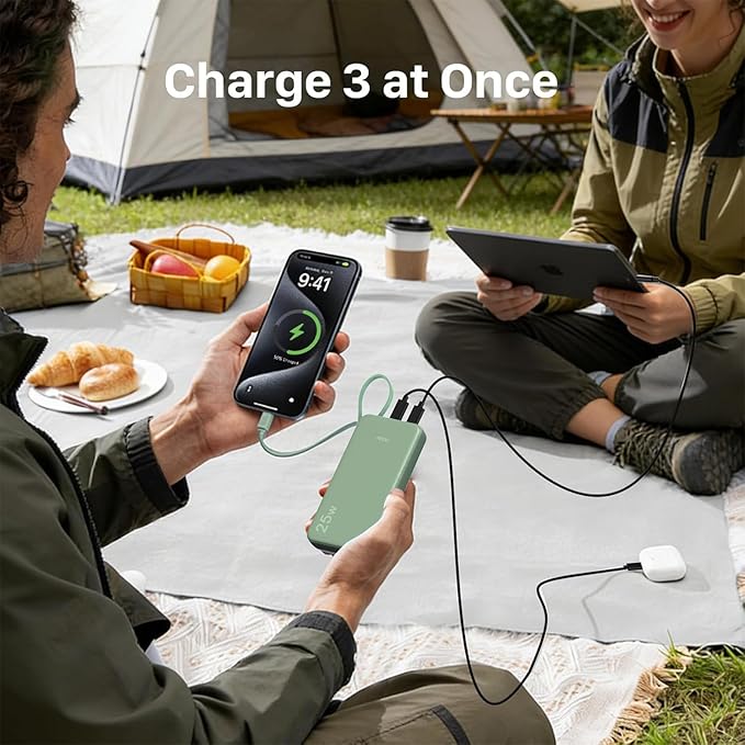 JUOVI 25W Portable Charger, 10000mah Power Bank Fast Charging with Built-in USB-C Cable, Battery Pack with LED Display, Portable Phone Charger for iPhone 17 16 15 14 Samsung S24 S23 iPad Tablets