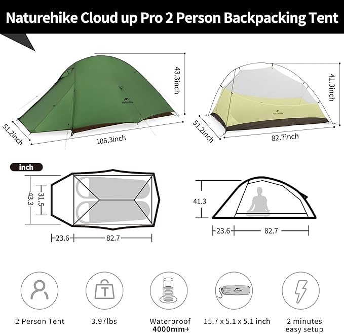 Naturehike Cloud-Up Tent Lightweight Backpacking Tent with Footprint - Free Standing Ultralight Camping Hiking Backpack Tents