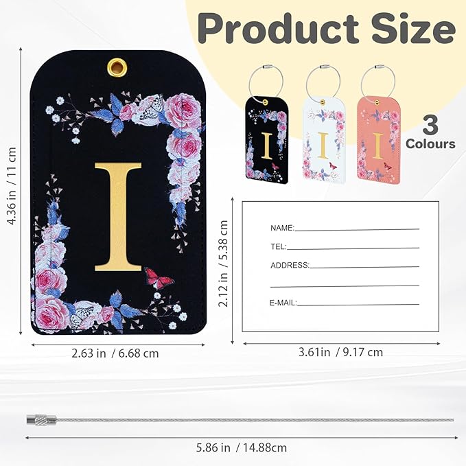 3 Pack Luxury Floral Luggage Tags, Durable PU Leather Suitcase Tags with Stainless Steel Cable Strap, Hidden ID Slot for Privacy Protection, Easy to Identify Waterproof Travel Accessories Gift (I)