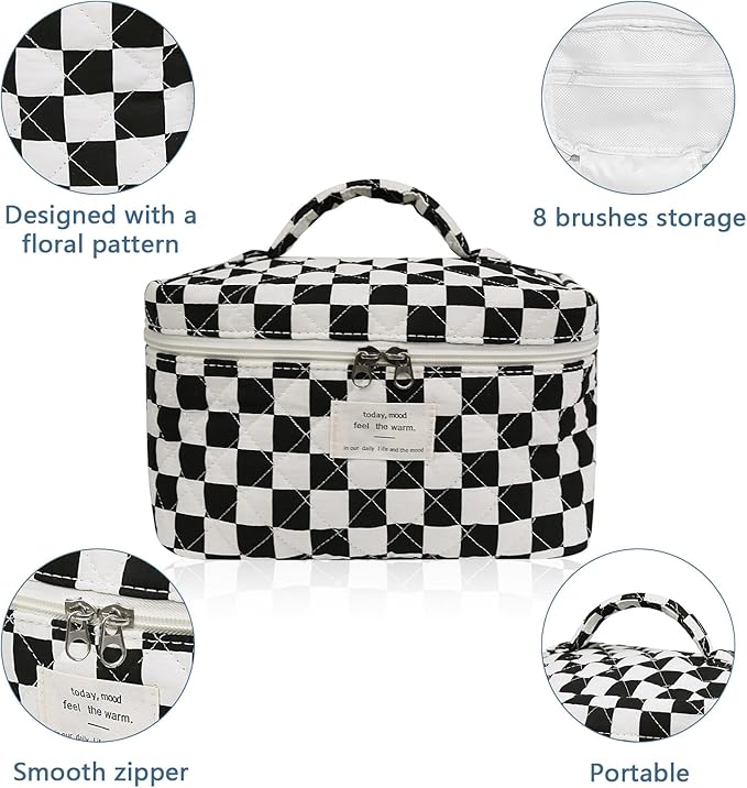 Gosect Large Makeup Bag, Cute Cosmetic Bag for Women Girls, Floral Coquette Aesthetic Toiletry Bag, Travel Make Up Organizer Bag (Black Checkered)