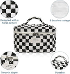 Gosect Large Makeup Bag, Cute Cosmetic Bag for Women Girls, Floral Coquette Aesthetic Toiletry Bag, Travel Make Up Organizer Bag (Black Checkered)