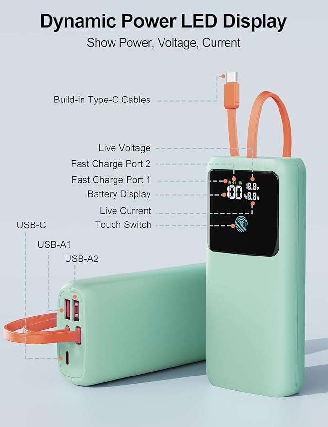Laptop Power Bank, 24000mAh 65W Fast Charging Portable Charger with Built-in Cable, USB C Battery Pack with LED Display, Travel Essential External Battery Bank for Macbook/Notebook/Tablet/Phone Green