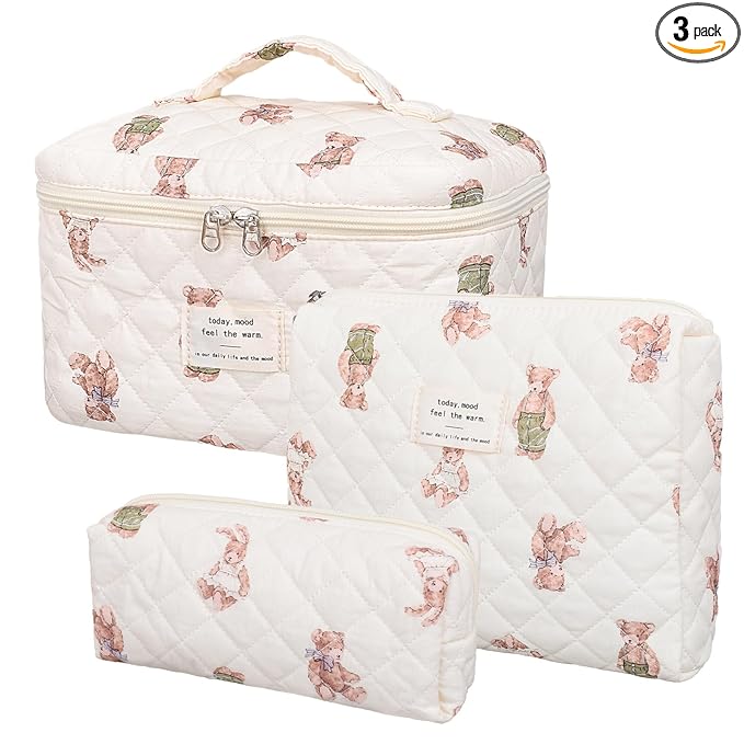 honitty Makeup Bag,Quilted Cosmetic Bag,Large Floral Make Up Bag for Women,Cotton Makeup Bag Set,Flower Travel Toiletry Bag