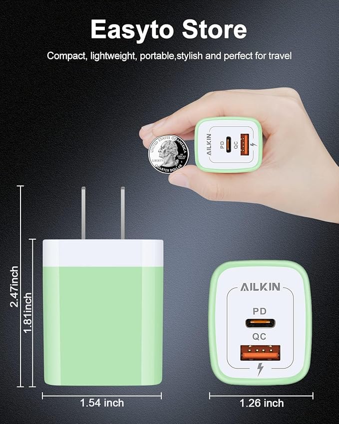 3pack Dual Port USB C Power Adapter, Usbc Pd 3.0 with USB A Qc 3.0 Fast Charging Block for Apple iPhone, Samsung Galaxy, Google Pixel, Moto, Kindle Fire, Ps5, Earbuds, Watches, Wireless Pad Brick Box