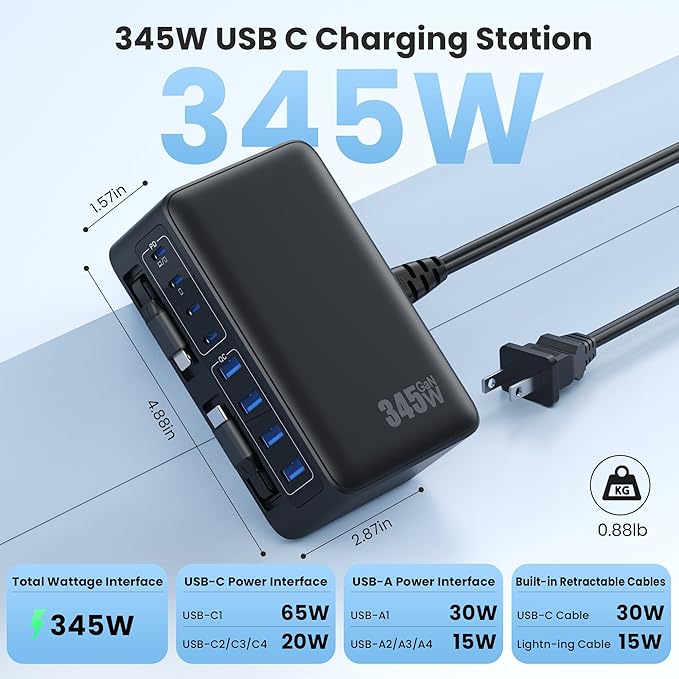 345W USB C Charger 10 in 1 Retractable Wall Charger with 2 Cables,GaN 6 USB C Charging Station Phone Charging PD Laptop Charger Adapter for MacBook Pro/Air,DELL,iPhone17/16/15,Galaxy S24,Android etc