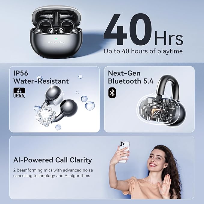 Kinglucky Jewelry-Inspired Clip-On Earbuds with Diamond Earrings, Comfortable Fit & 40H Playtime Open Ear Bluetooth 5.4 Wireless Headphones for Women, Small Ears, Sports & Workouts (Black)