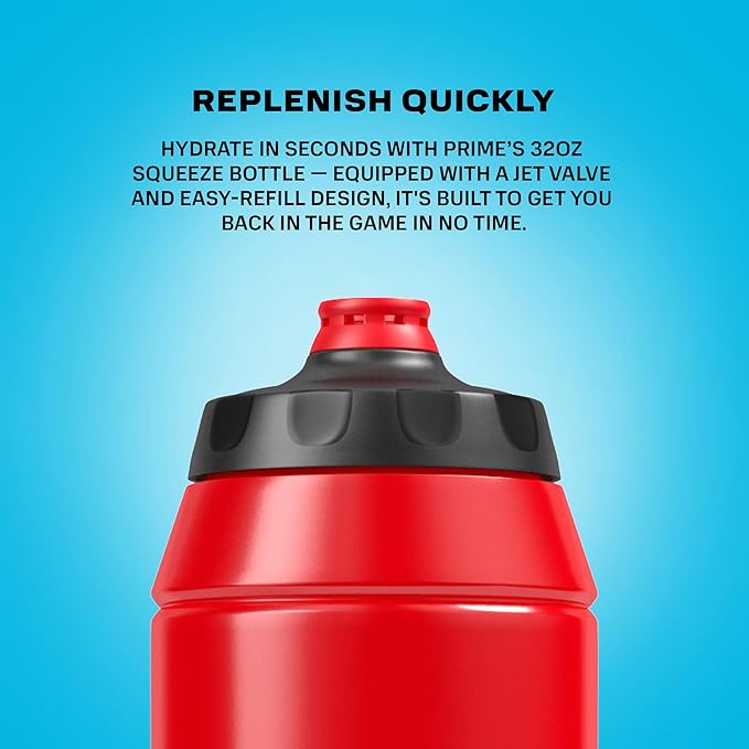 PRIME 32 oz Red Squeeze Sports Water Bottle, BPA Free, Dishwasher Safe, Easy-Grip Ergonomic Leakproof Design, Fast Hydration for Gym, Cycling, Running