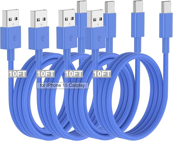 Car Carplay Cable for iPhone 16 15 Pro/Pro Max/Plus,4 Pack 10FT USB A to USB C Fast Charging Cord for iPhone 16 15 Samsung Galaxy S25 S24 Ultra Charger,Car Charger Accessories for Women Men-Deepblue