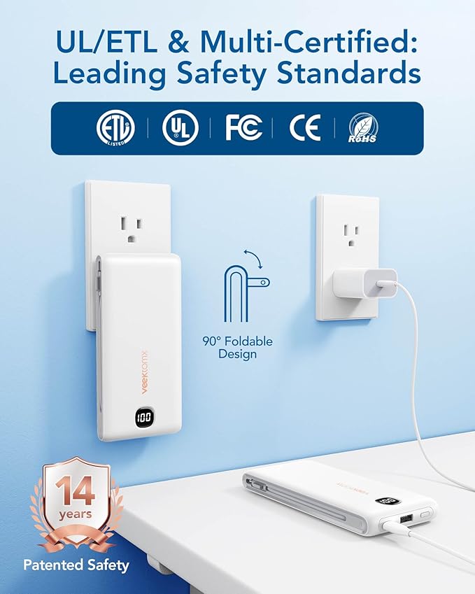 VEEKTOMX Portable Charger with Built in Cables 10000mAh, Power Bank for iPhone with AC Wall Plug, Fast Charging USB C Slim Battery Pack with LED Display Compatible with iPhone 17/16/15/14, Samsung