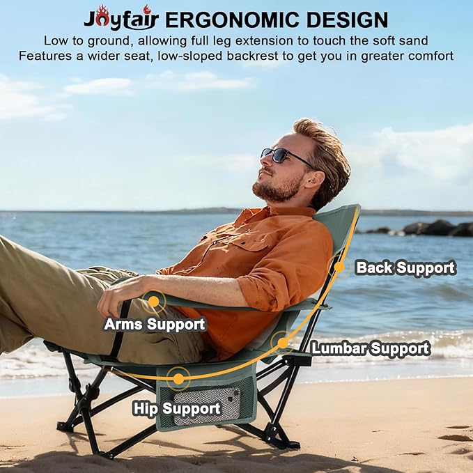 Joyfair Beach Camping Chair (2 Pack), Outdoor Folding Lawn Chair for Adults, Heavy Duty Portable Chair with Armrest for Outside Fishing, Sport, Patio, Cup Holder & Storage Pocket, Carry Bag (Grey)