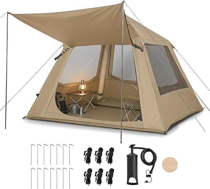 VINGLI Inflatable Camping Tent, All-Weather Inflatable Hot Tents with Stove Jack, Blow Up Tent for Camping with Mesh Doors & Windows, Inflatable Air Tents for Camping Adult
