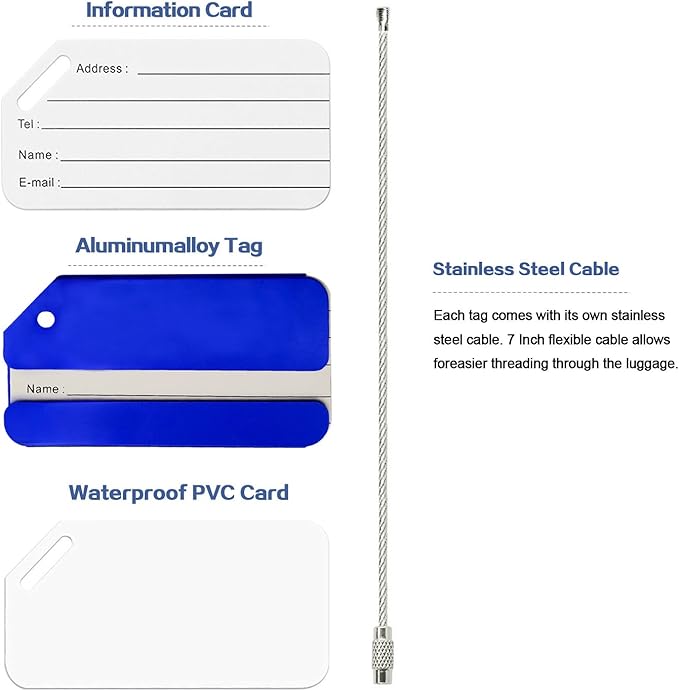 5Pack Blue Aluminum Luggage Tags, Luggage Tag Holders for Travel Luggage Baggage Identifier by Ovener