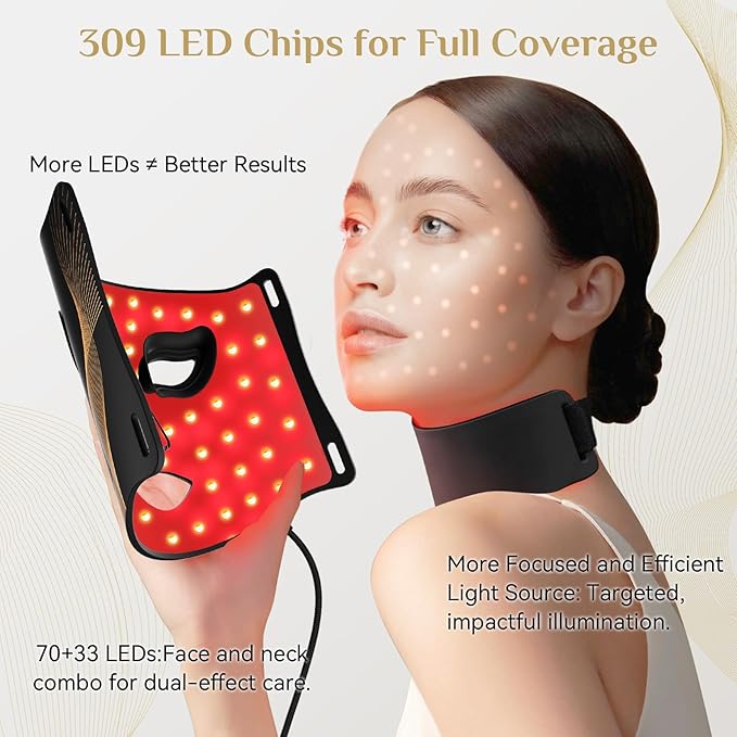 Red Light Therapy for Face, LED Light Therapy Mask Skin Care Mask & Neck, LED Red & NIR Light Therapy Wavelength for Home Use, Working Travel Yoga Sleep