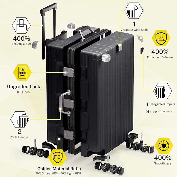 Krute Zipperless Luggage Set 2 Pieces Aluminum Frame Suitcase Sets Polycarbonate Hard Shell Luggage TSA Lock Checked Suitcase with Spinner Wheels Black