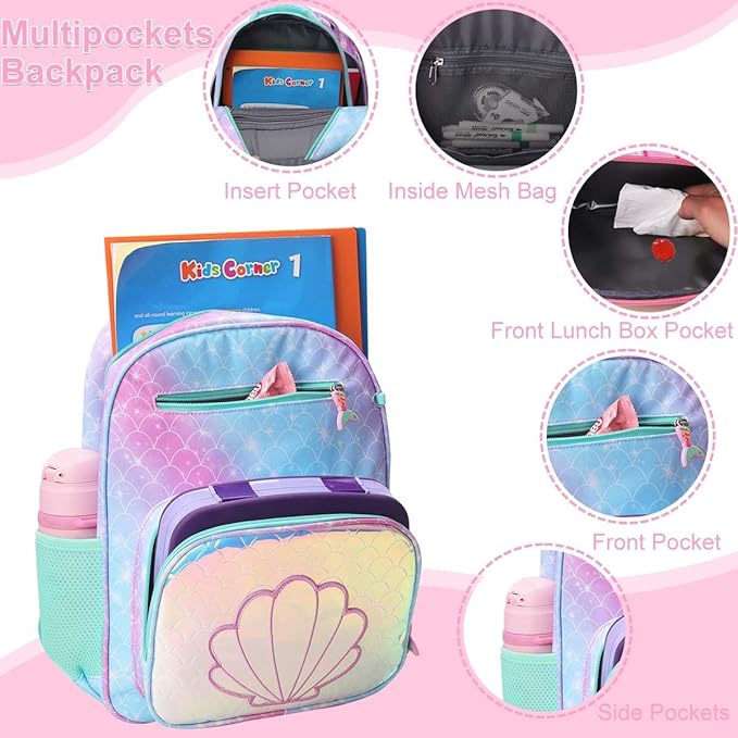 RHCPFOVR Kids Backpack for Girls - Girls Backpack 3-8 Ages Mermaid for Kids 15 Inch School Bookbag for Kindergarten Elementary School Bookbag for Girl 1st 2nd Grade