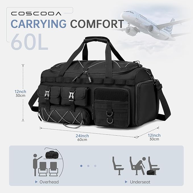 Gym Bags for Men with Shoe Compartment 60L Tactical Duffle Bag 3 in 1 Carry on Duffel Bag Travel Backpack Weekender Overnight Range Bag for Workout Football, Black