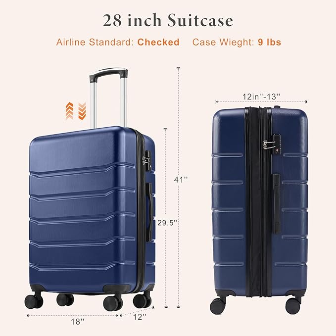 Sweetcrispy 29IN Carry on Luggage, Expandable Hard Shell ABS Suitcase with 360° Swivel Wheels, TSA Lock, Lightweight, Navy Blue