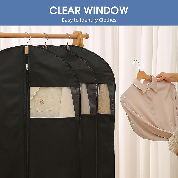 Suit Bags for Closet Storage, 43'' Garment Bags for Hanging Clothes, Suit Garment Bag, Black Suit Cover Bags with Clear Window for Coats, Jackets, Shirts（2 Packs）
