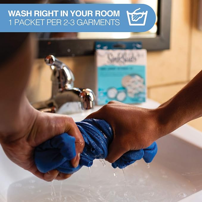 SinkSuds Laundry Detergent Travel Size Liquid Soap TSA Compliant Safe for All Fabrics 6 Packets & 1 Sink Stopper