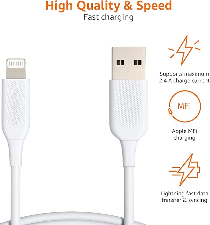 Amazon Basics 2-Pack Apple MFi Certified USB-A to Lightning Cable, High Speed Data Sync, Charger for iPhone 14 13 12 11 X Xs Pro, Pro Max, Plus, iPad, 3 Foot, White