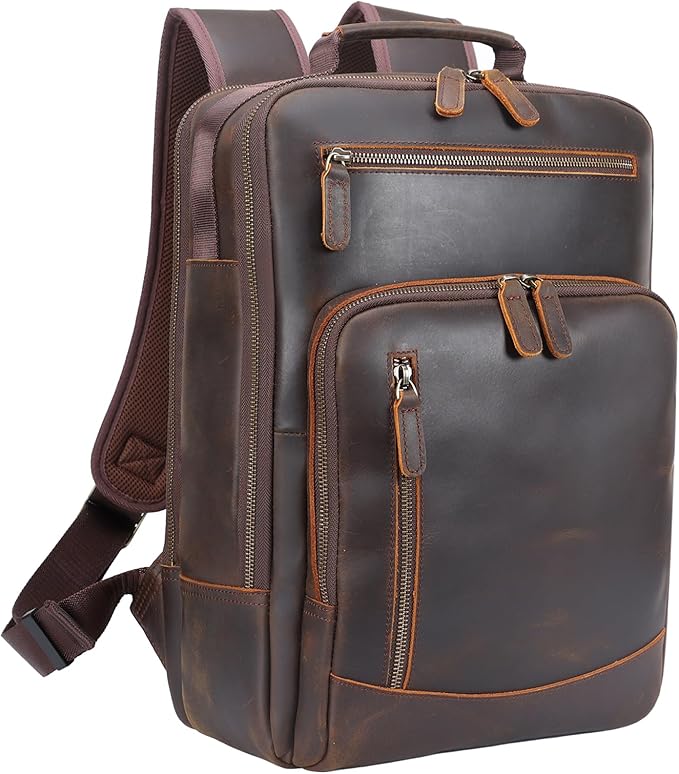 TIDING Full Grain Leather Laptop Backpack for Men, Vintage 15.6 Inch Computer Work Bag College Business Casual Daypack