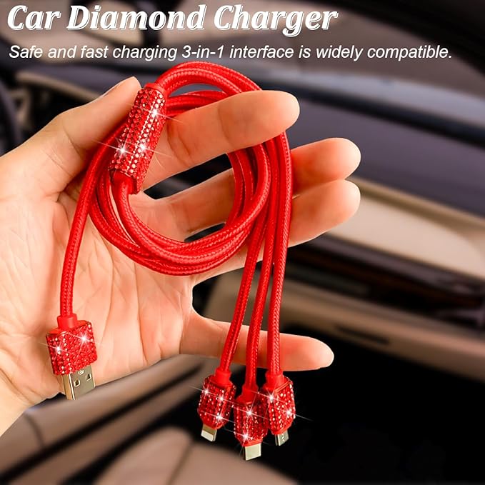 Bling Dual USB Car Charger with 3-in-1 Multi Fast Charging Cable, Dual Port Charger Adapter with Type C Micro USB Cord for iPhone, Android, Rhinestones Car Interior Accessories for Women(Red)