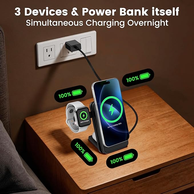 5-in-1 Portable Charger,10000mAh Foldable Power Bank Fast Charging Station USBC Cable Travel,for MagSafe Battery Pack Magnetic for iPhone 17/16/15/14/13/12,Apple Watch,Airpods,MatteBlack