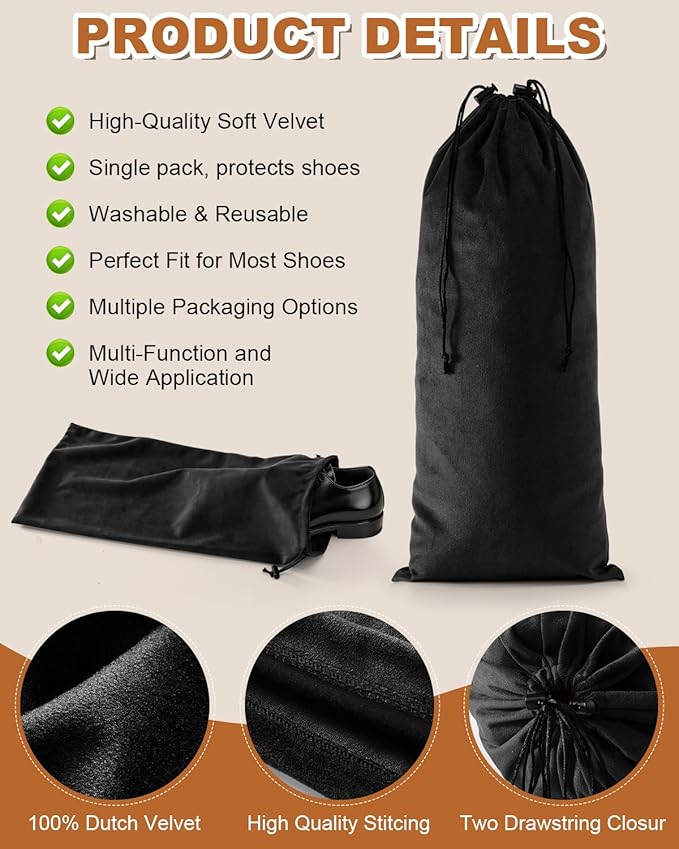 4 Pcs Single Shoe Bags for Travel, 17.3"x8.6" Washable Travel Shoe Bags for Packing in Suitcase, Velvet Dust Bag with Drawstring, Shoe Pouch for Women and Men, Travel and Home Storage (Black Beauty)