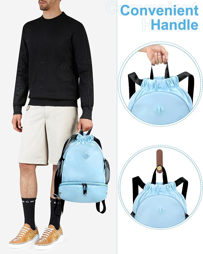 RHDZO Drawstring Backpack Gym Backpack with Shoe Compartment for Men Women String Sports Bag with Wet Pocket Cinch Swim Beach Bag, Large Blue