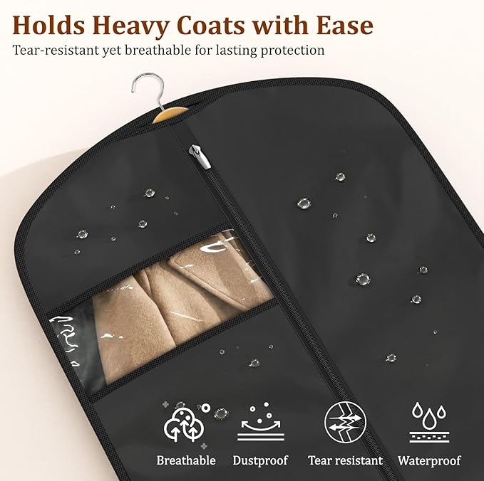 KIMBORA 65" Dress Bags for Gowns Long Garment Bags for Hanging Clothes with Clear Window, Foldable Wedding Dress Cover for Closet Storage and Travel (2 Packs, Black)