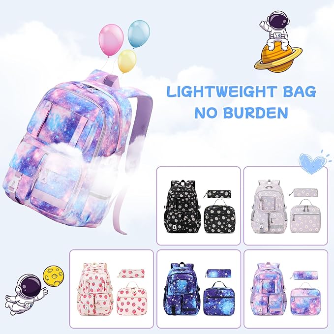PIG PIG GIRL Backpack for Girls 3pcs Set Kids Backpack with Lunch Box Students Kawaii Book Bag for Elementary Primary Middle School Bags - Ita Backpack - Galaxy