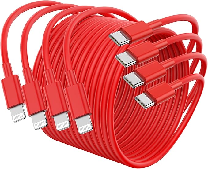 4Pack USB C to Lightning Cable 6FT, Fast Charging Cord for iPhone 14, Replacement for Apple Original Charger Cable for iPhone 14 13 12 11 Pro 11 XS MAX XR 8 7 6s Plus-Red