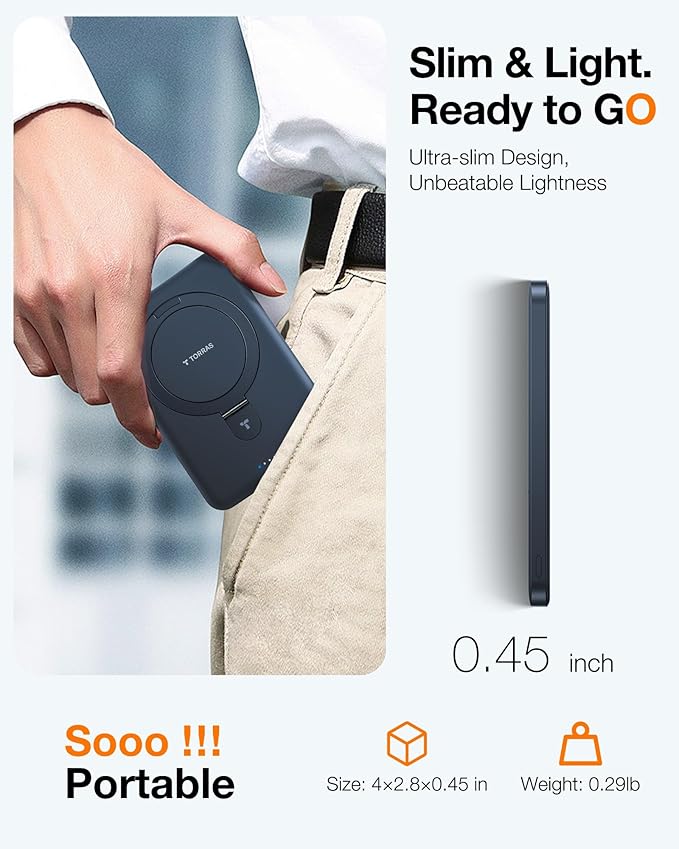 TORRAS EasyGo 0.45" Slim Magnetic Portable Charger Power Bank for iPhone, 5000mAh 22.5W Fast Charging Wireless Battery Pack Compatible with Magsafe, iPhone Air,Pro,Pro Max,17,16,15,14,13,12, Deep Blue