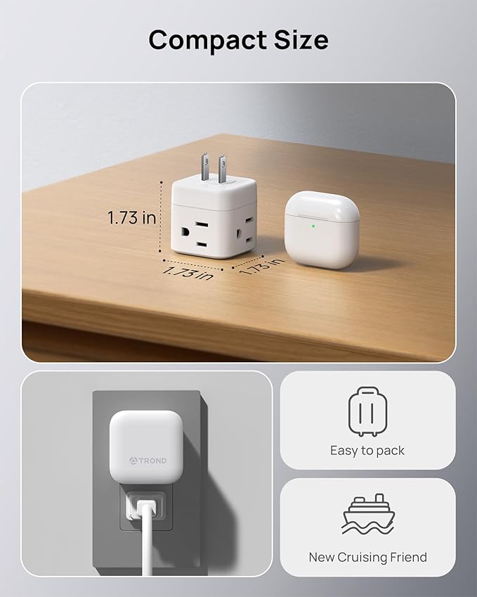 TROND 2 Prong to 3 Prong Outlet Adapter with 360 Rotating Plug, 3 Way Plug Splitter, Travel Power Splitter for US to Japan, Turn the Horizontal to Vertical Non-grounded Outlet in Old House