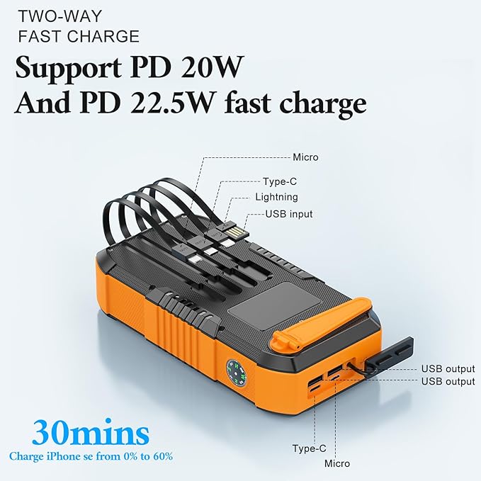 Hand CrankPower Bank 66800mAh and 4 Cables 22.5W Fast Charge Power Bank 5 Outputs & 3 Inputs Solar Portable Charger (Orange)
