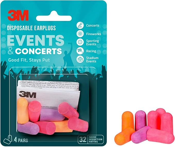 3M Disposable Earplugs Events & Concerts, 4 Pairs (8 Total Plugs), Noise Reduction Rating (NRR) 32 dB, Good Fit, Stays Put, Soft & Smooth Ear Plug Design, Easy Insert & Remove (EPEC-4BC-SIOC), 2-Pack