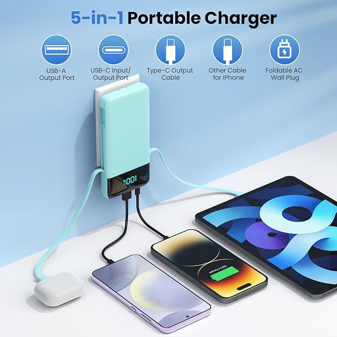 Portable Charger for iPhone with Built-in Cables and Wall Plug,Upgraded 13800mAh Fast Charging USB C Power Bank,4 Outputs Travel Essential Battery Pack for iPhone 17/16/15/14/13,Galaxy,Android-Green