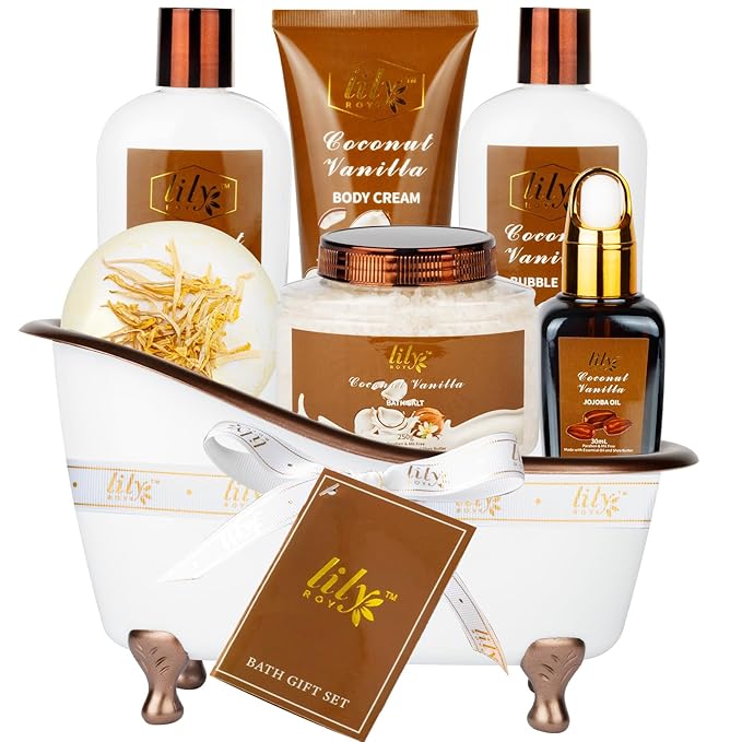 Mothers Day Gifts for Mom, Gifts for Women, 7-Piece Coconut Vanilla Bath and Body Gift Set, Spa Kit | Spa Gifts for Valentines Day, Fathers Day, Birthday, Christmas Gift, All Occasion Gift