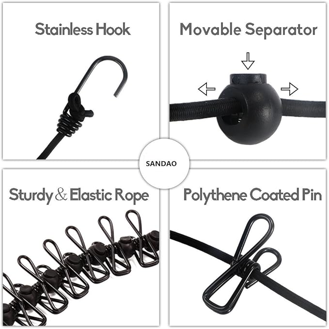 Portable Travel Clothesline, Adjustable Elastic Travel Camping Retractable Clothesline with 12pcs Clips for Outdoor and Indoor Use (Black)