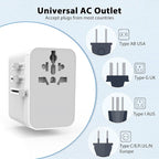 Universal Travel Adapter, European Travel Plug Adapter 5-in-1 PD Fast Charging with Surge Protection & Fuse, International Power Adapter for US EU UK AU - White